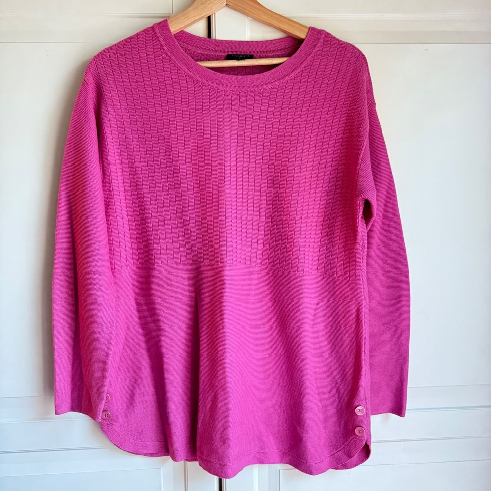 Talbots Knit Pullover Top Ribbed Button Detail Long Sleeve Pink womens Smalll